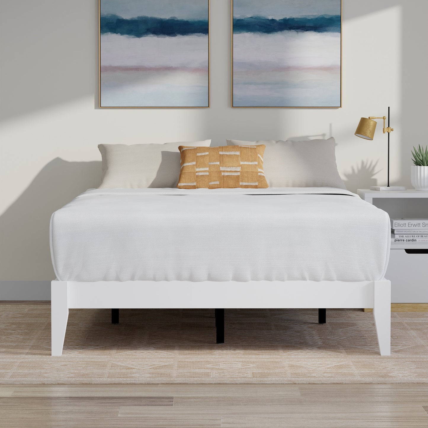 ComfIQ Serene Solid Wood Modern Farmhouse Platform Bed Base without Headboard