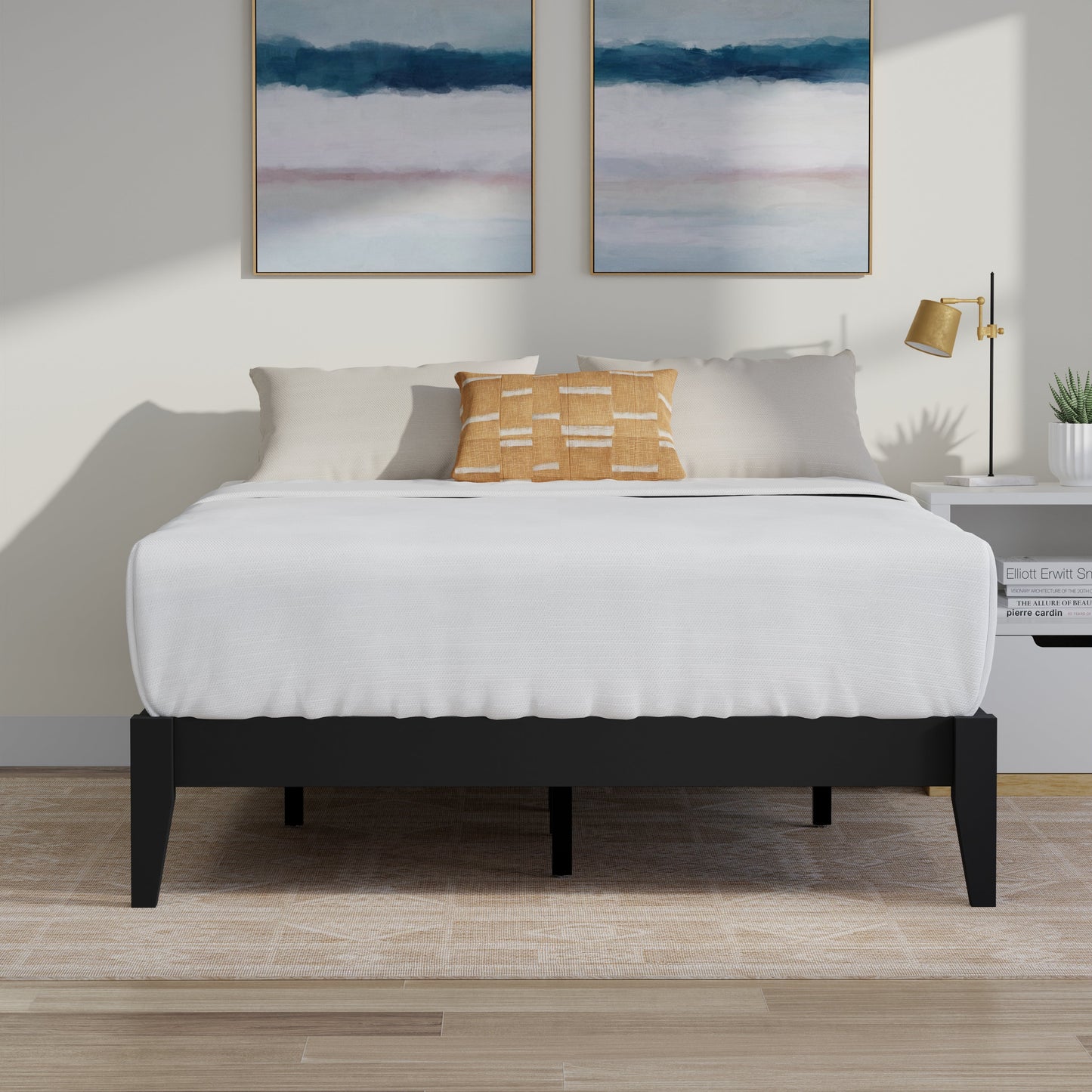 ComfIQ Serene Solid Wood Modern Farmhouse Platform Bed Base without Headboard
