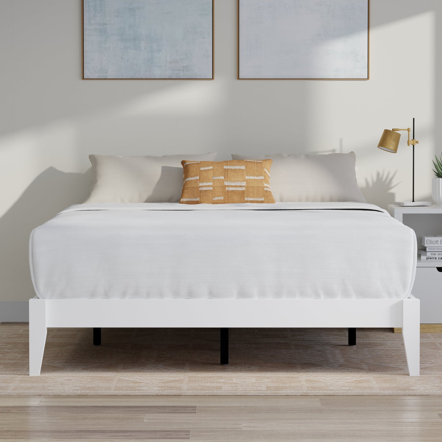 ComfIQ Serene Solid Wood Modern Farmhouse Platform Bed Base without Headboard