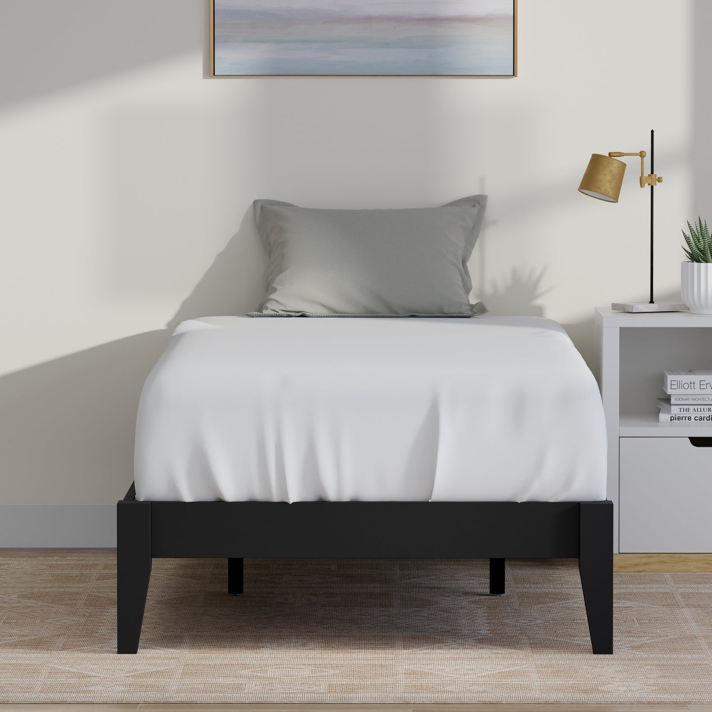 ComfIQ Serene Solid Wood Modern Farmhouse Platform Bed Base without Headboard