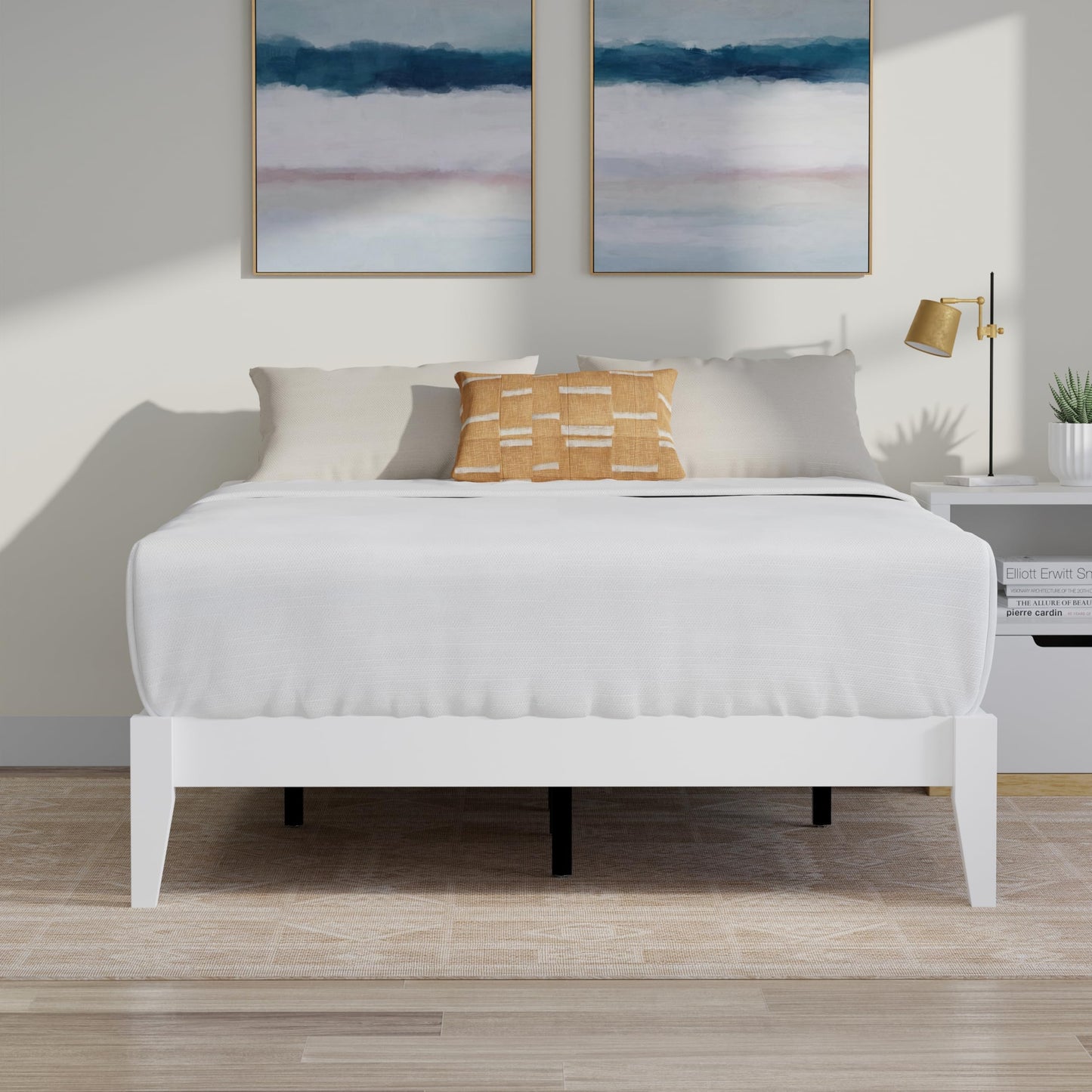 ComfIQ Serene Solid Wood Modern Farmhouse Platform Bed Base without Headboard