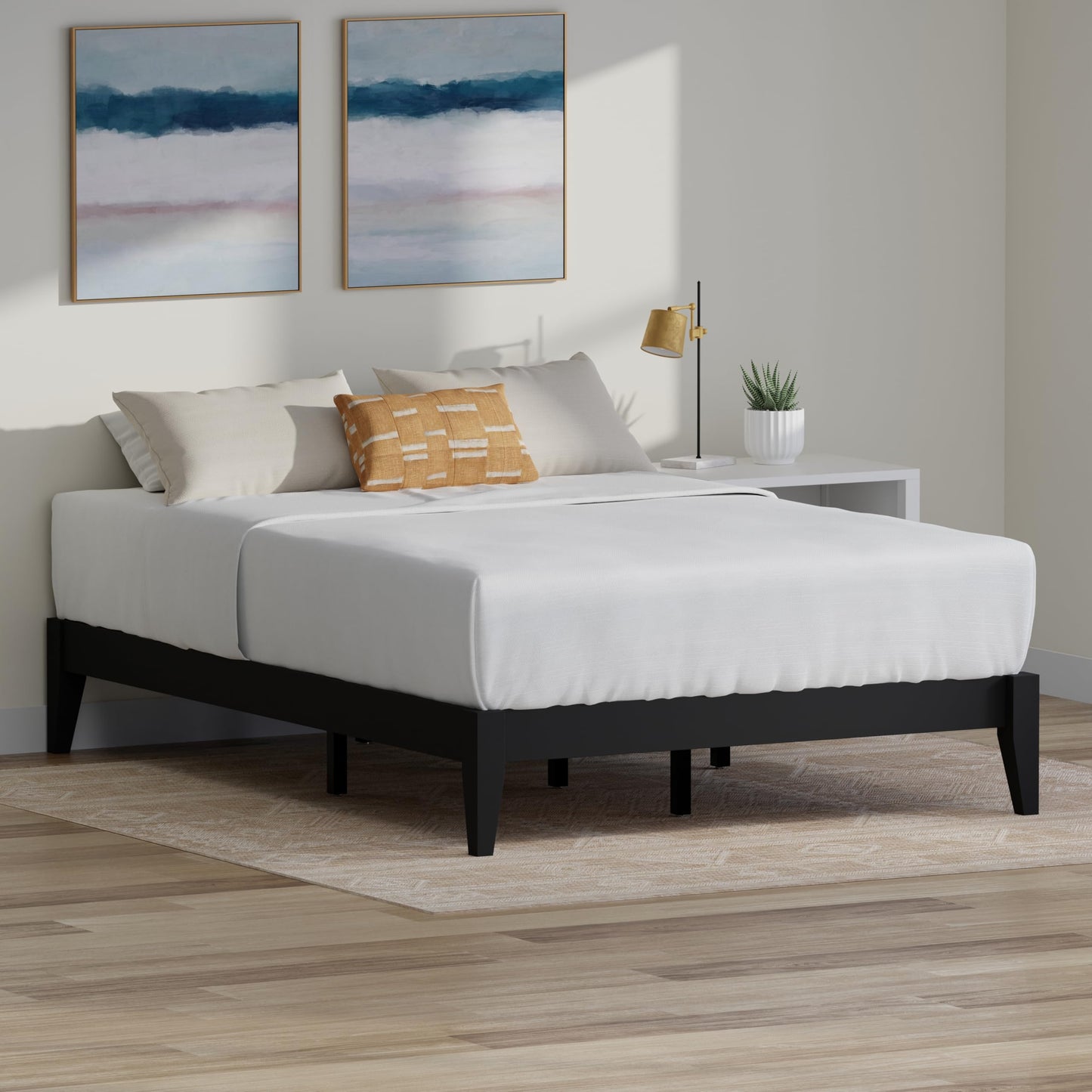 ComfIQ Serene Solid Wood Modern Farmhouse Platform Bed Base without Headboard