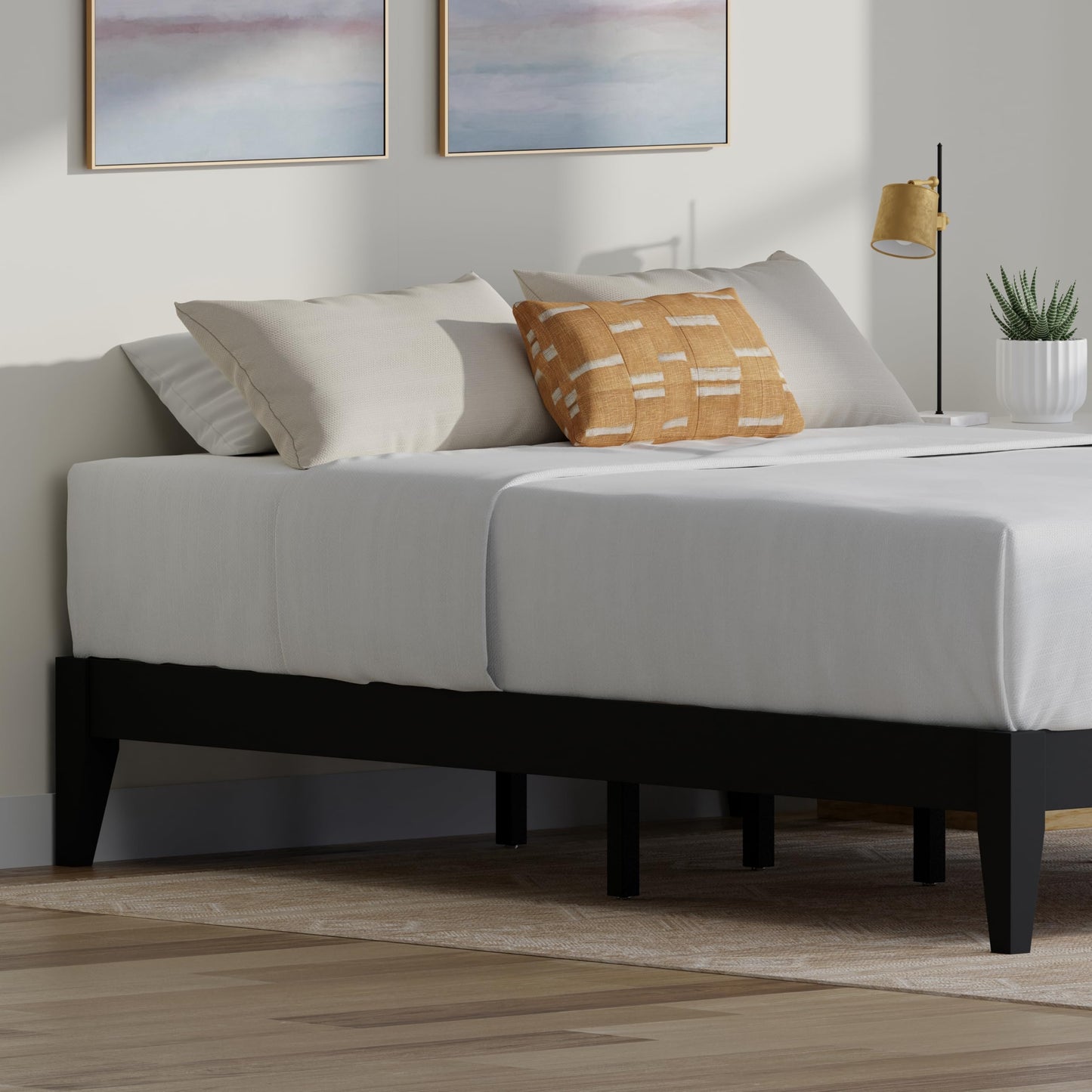 ComfIQ Serene Solid Wood Modern Farmhouse Platform Bed Base without Headboard