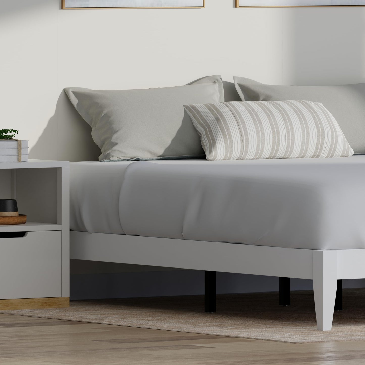 ComfIQ Serene Solid Wood Modern Farmhouse Platform Bed Base without Headboard
