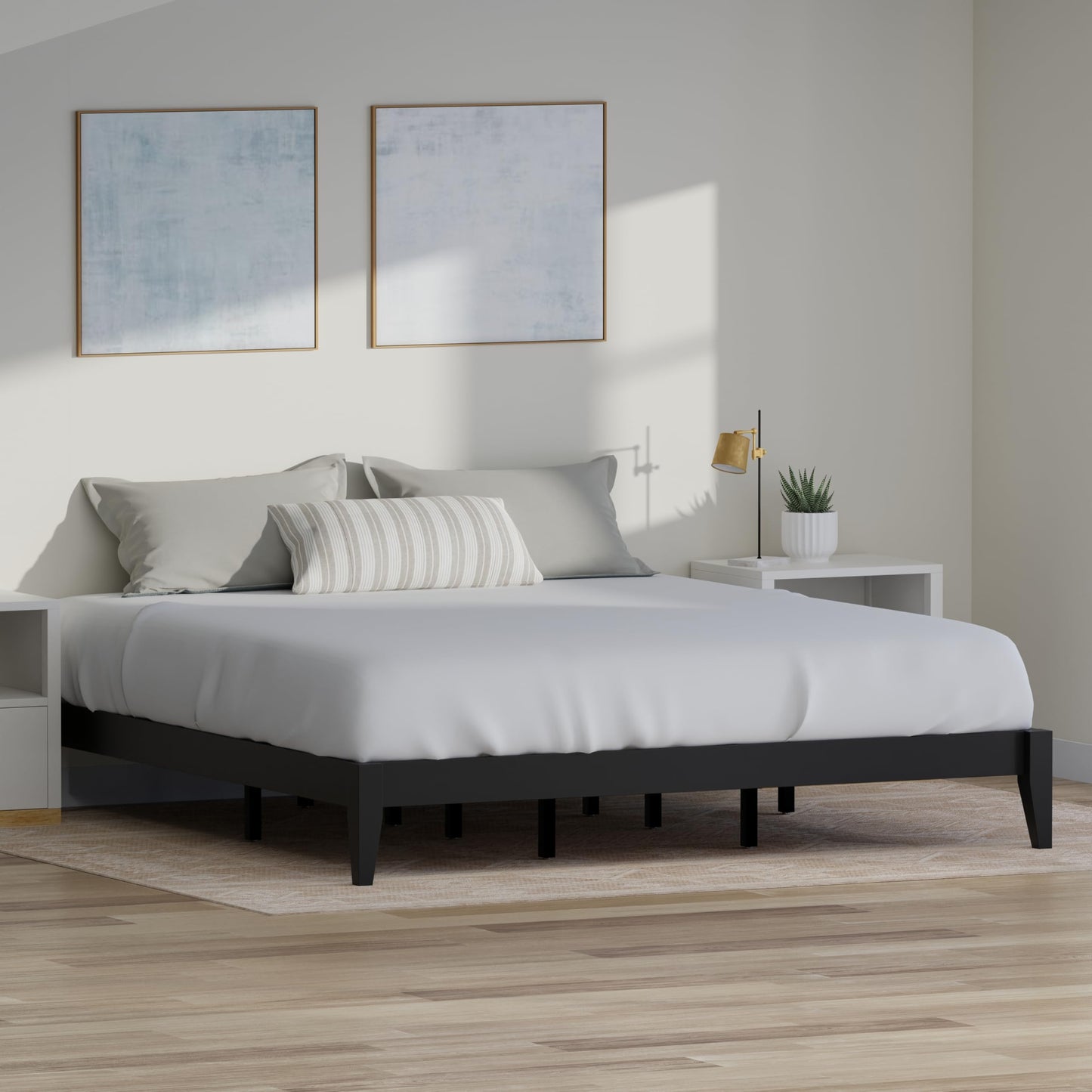 ComfIQ Serene Solid Wood Modern Farmhouse Platform Bed Base without Headboard