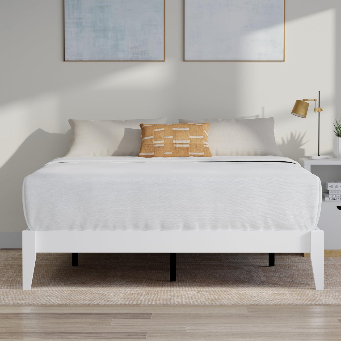 ComfIQ Serene Solid Wood Modern Farmhouse Platform Bed Base without Headboard