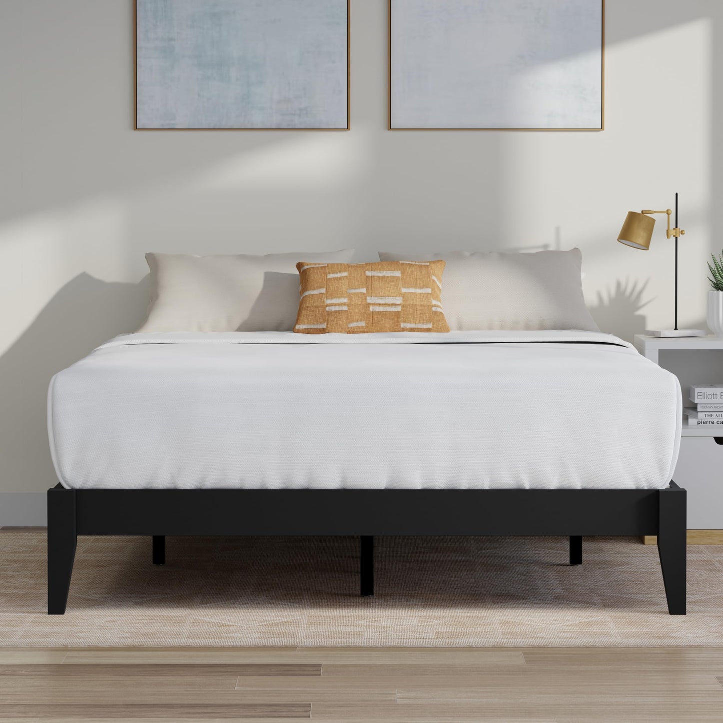 ComfIQ Serene Solid Wood Modern Farmhouse Platform Bed Base without Headboard