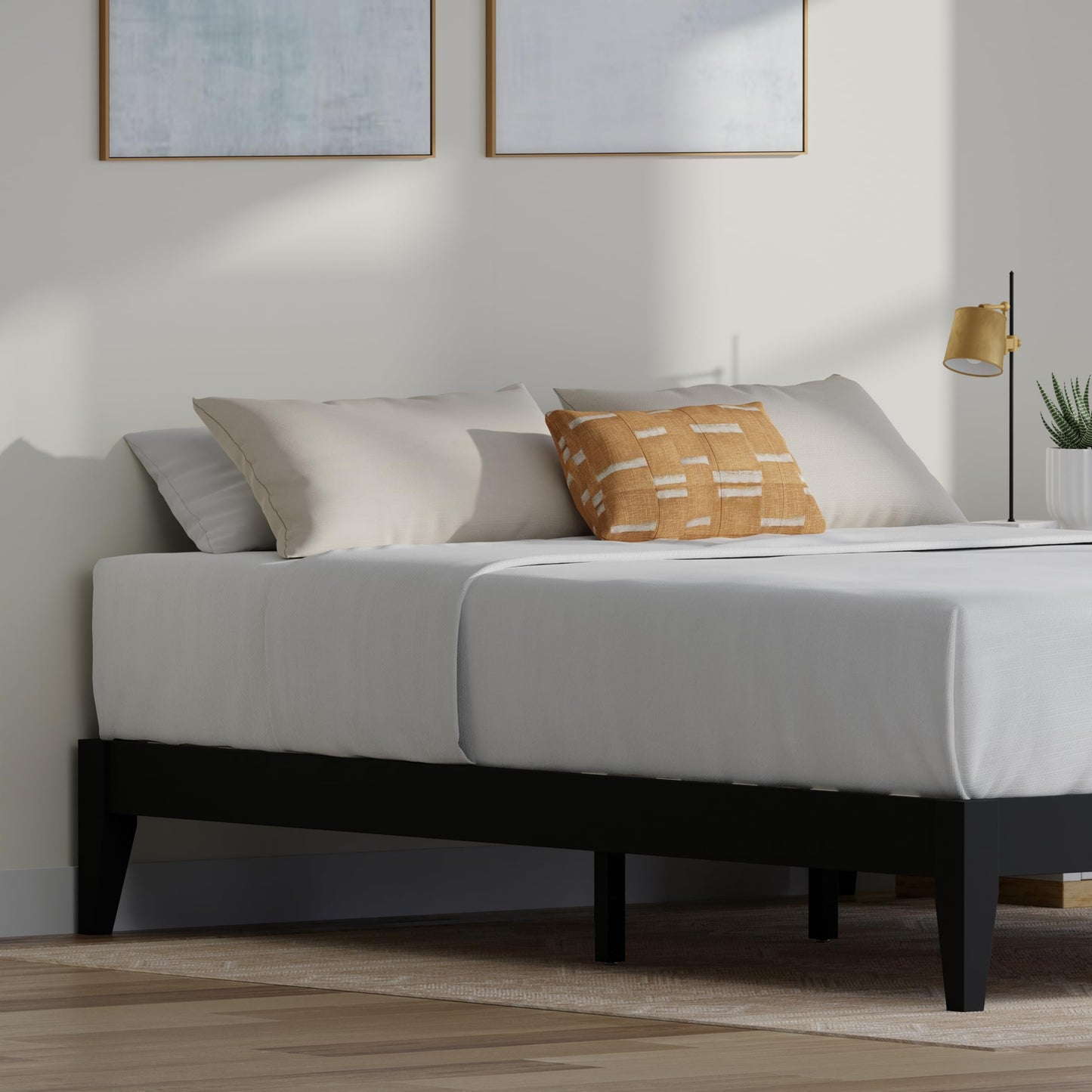 ComfIQ Serene Solid Wood Modern Farmhouse Platform Bed Base without Headboard