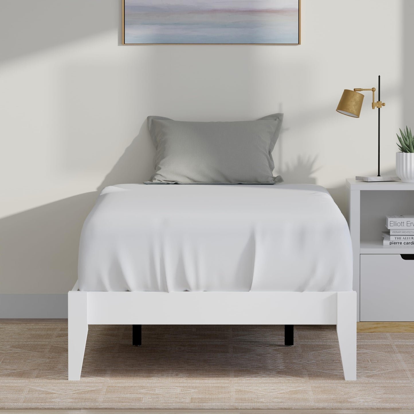 ComfIQ Serene Solid Wood Modern Farmhouse Platform Bed Base without Headboard