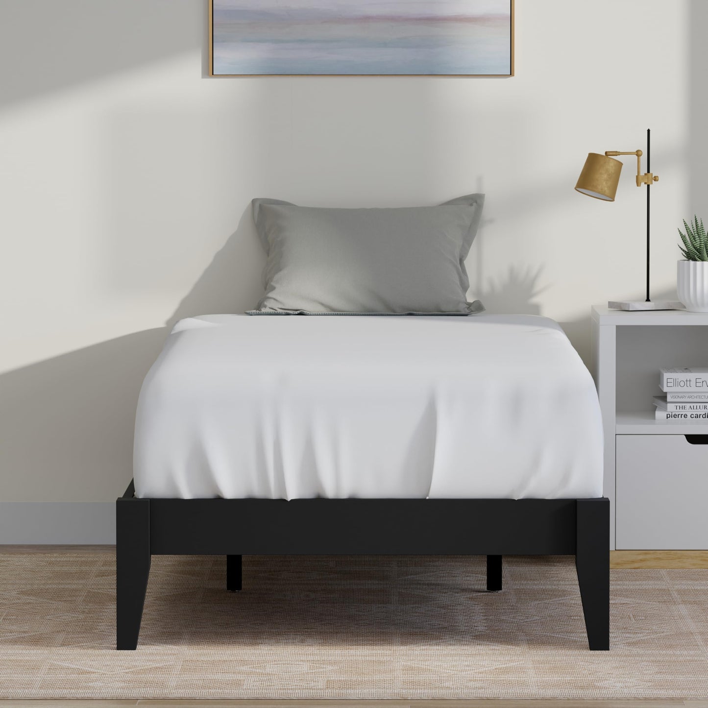 ComfIQ Serene Solid Wood Modern Farmhouse Platform Bed Base without Headboard