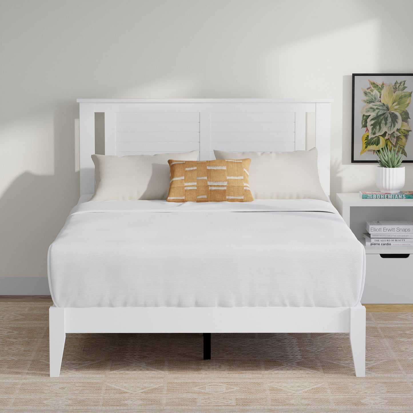ComfIQ Serene Solid Wood Modern Farmhouse Platform Bed with Horizontal Scoring Headboard