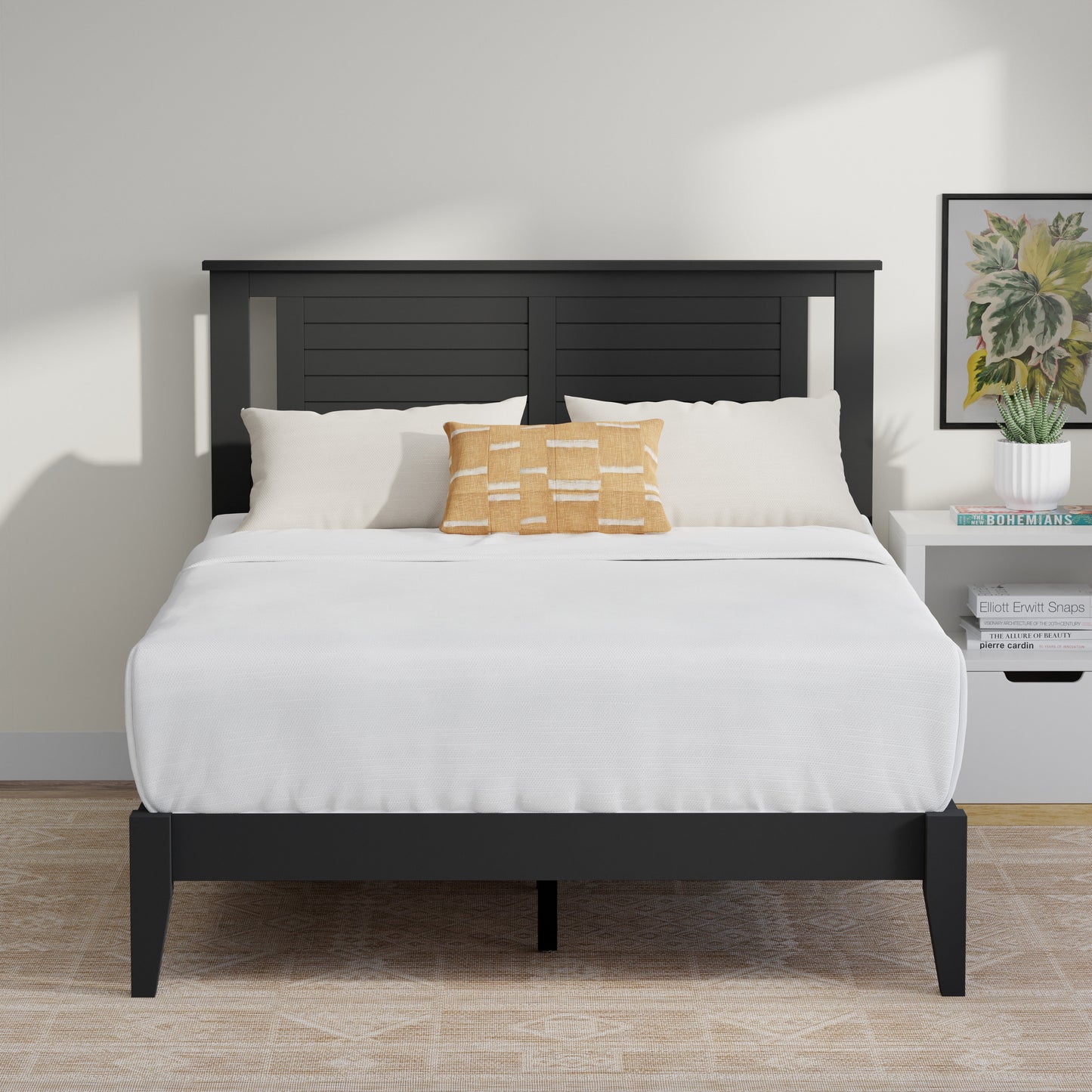 ComfIQ Serene Solid Wood Modern Farmhouse Platform Bed with Horizontal Scoring Headboard