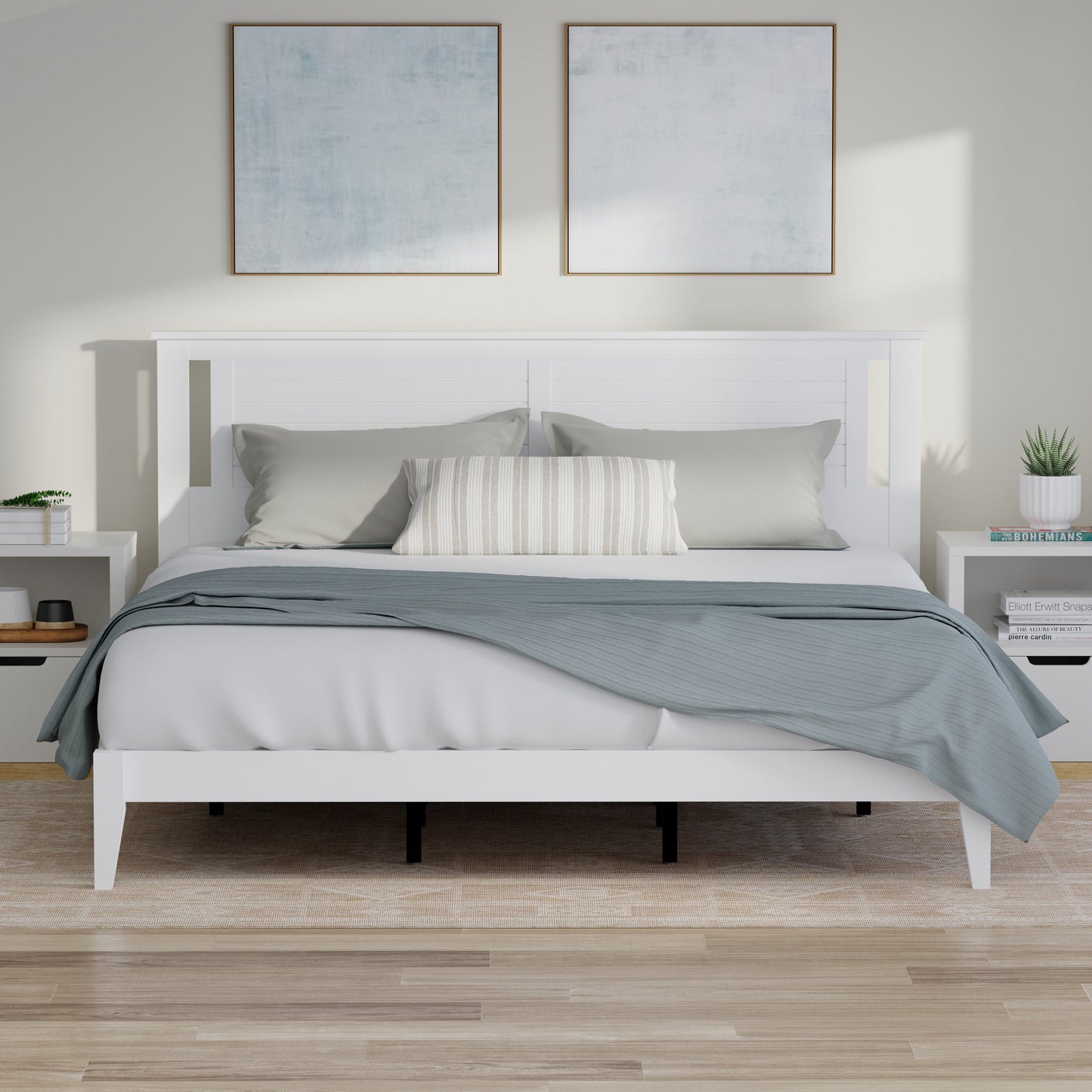 ComfIQ Serene Solid Wood Modern Farmhouse Platform Bed with Horizontal Scoring Headboard
