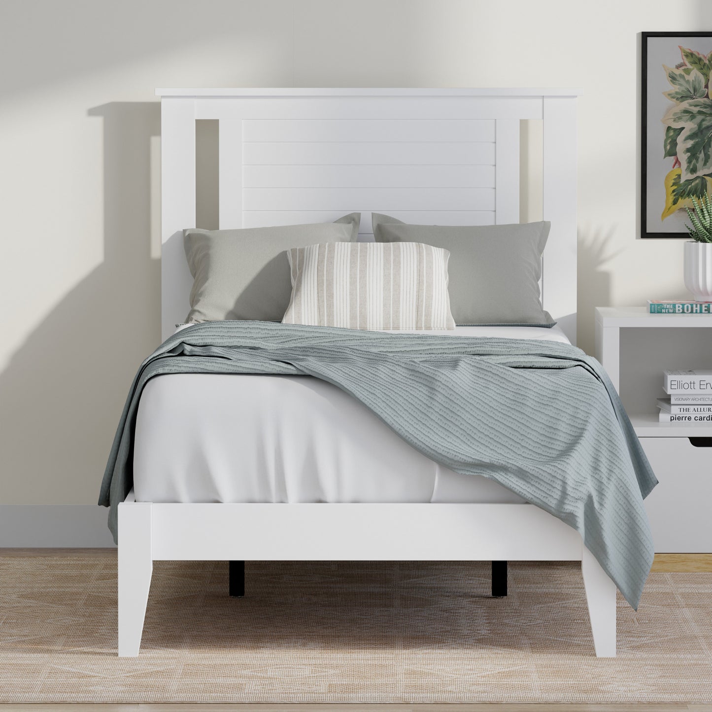 ComfIQ Serene Solid Wood Modern Farmhouse Platform Bed with Horizontal Scoring Headboard