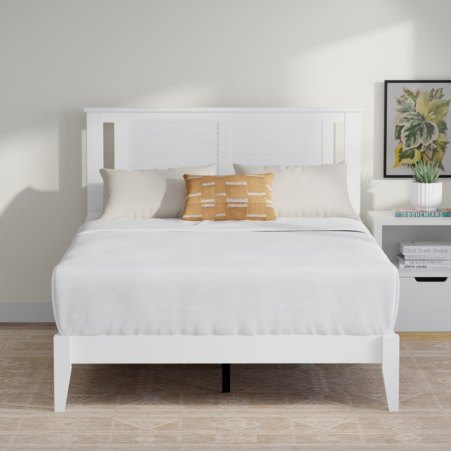 ComfIQ Serene Solid Wood Modern Farmhouse Platform Bed with Horizontal Scoring Headboard