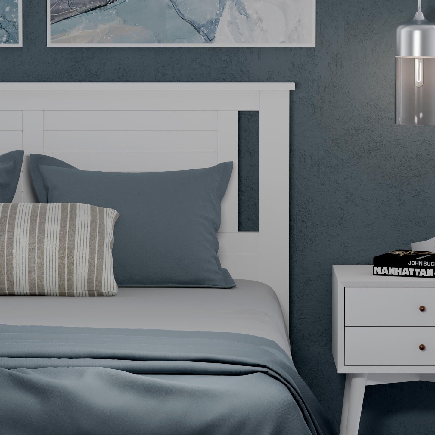 ComfIQ Serene Solid Wood Modern Farmhouse Platform Bed with Horizontal Scoring Headboard