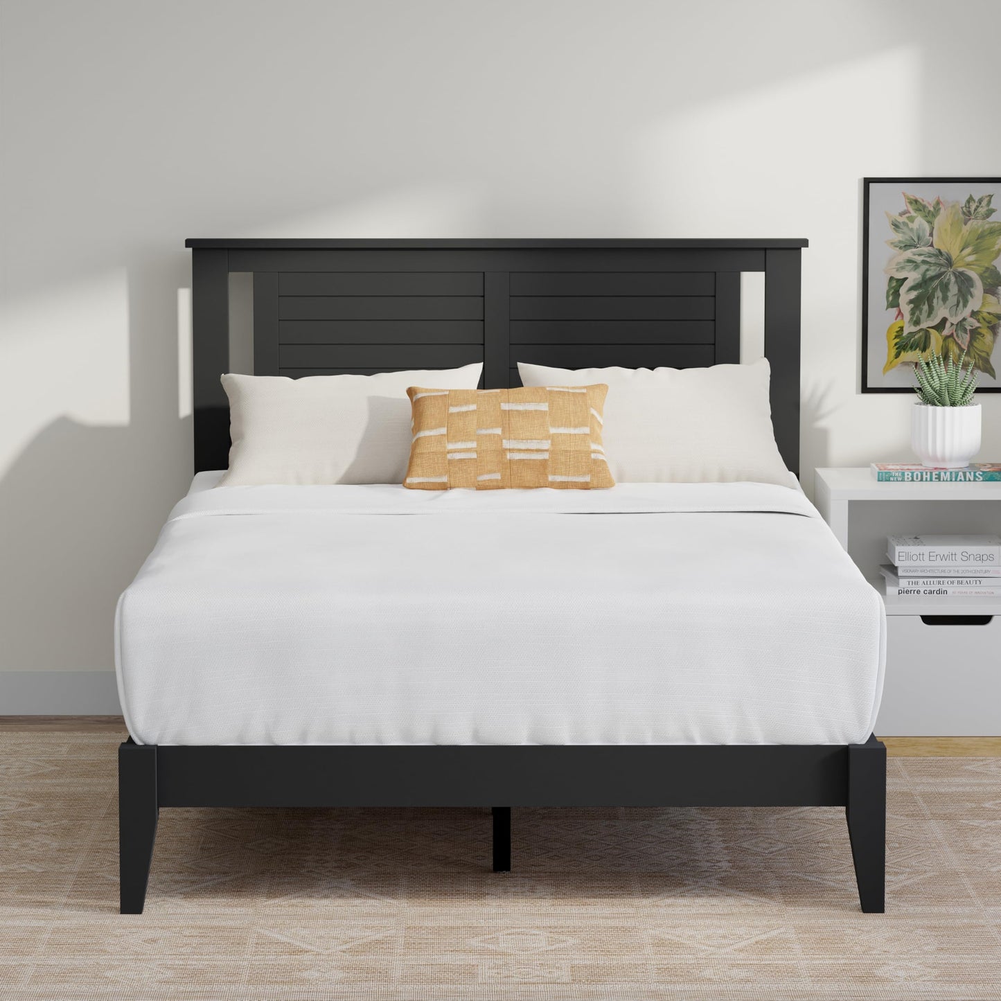 ComfIQ Serene Solid Wood Modern Farmhouse Platform Bed with Horizontal Scoring Headboard