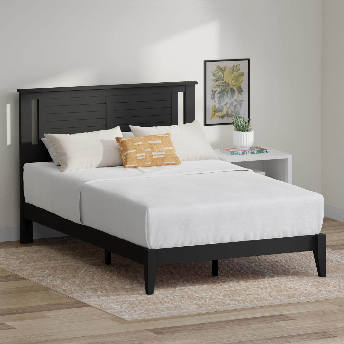 ComfIQ Serene Solid Wood Modern Farmhouse Platform Bed with Horizontal Scoring Headboard