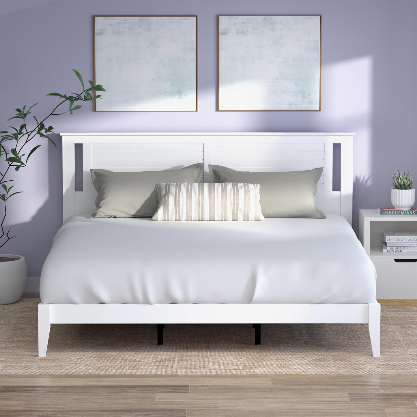 ComfIQ Serene Solid Wood Modern Farmhouse Platform Bed with Horizontal Scoring Headboard