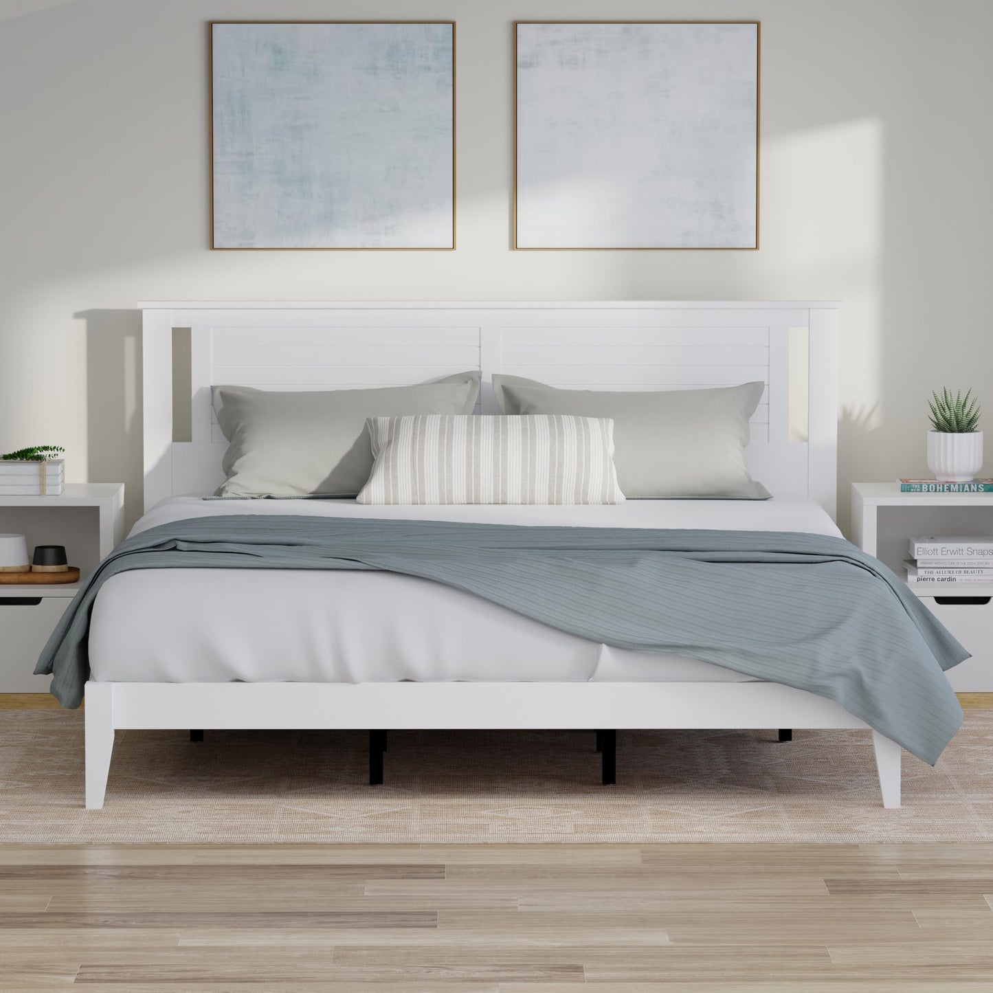 ComfIQ Serene Solid Wood Modern Farmhouse Platform Bed with Horizontal Scoring Headboard