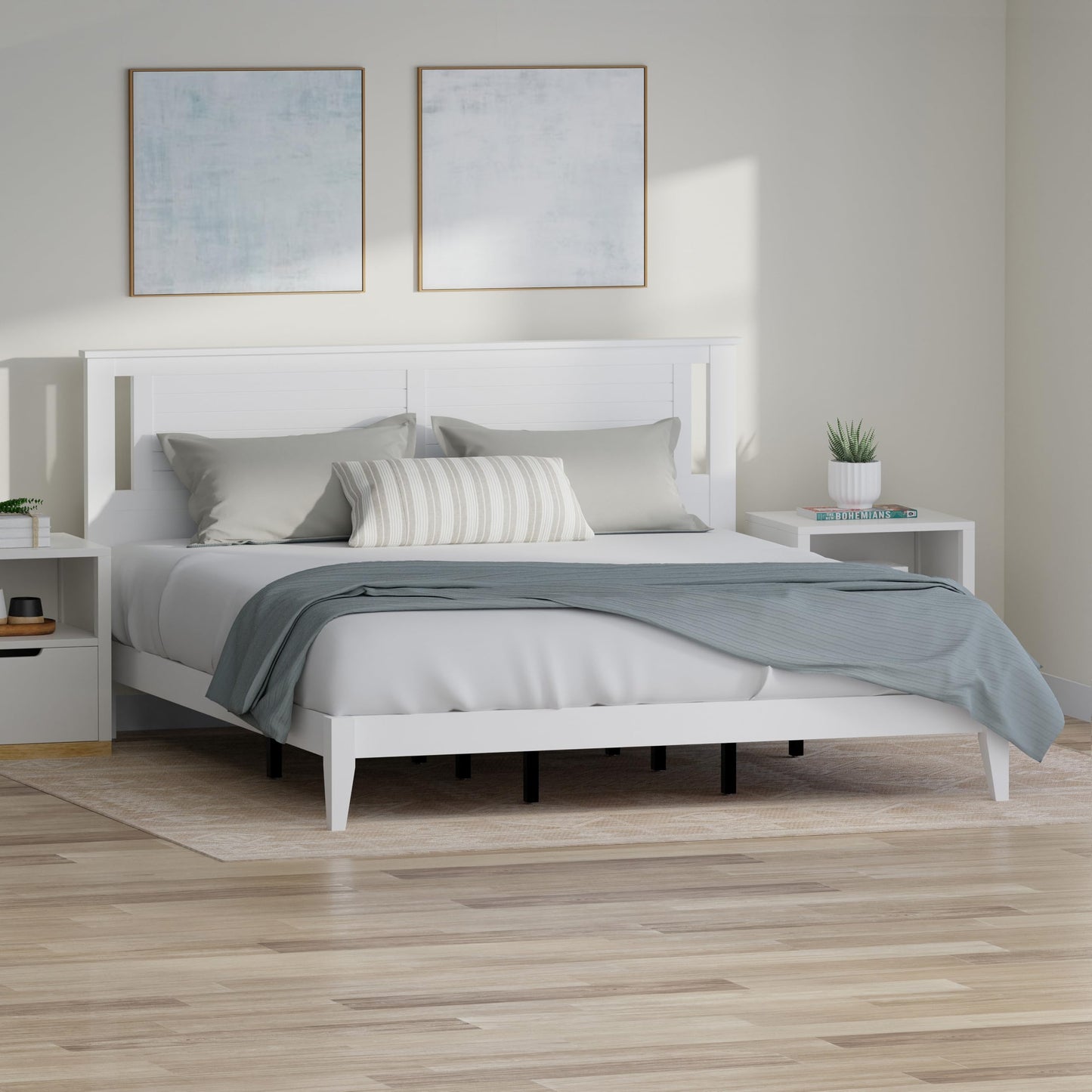 ComfIQ Serene Solid Wood Modern Farmhouse Platform Bed with Horizontal Scoring Headboard