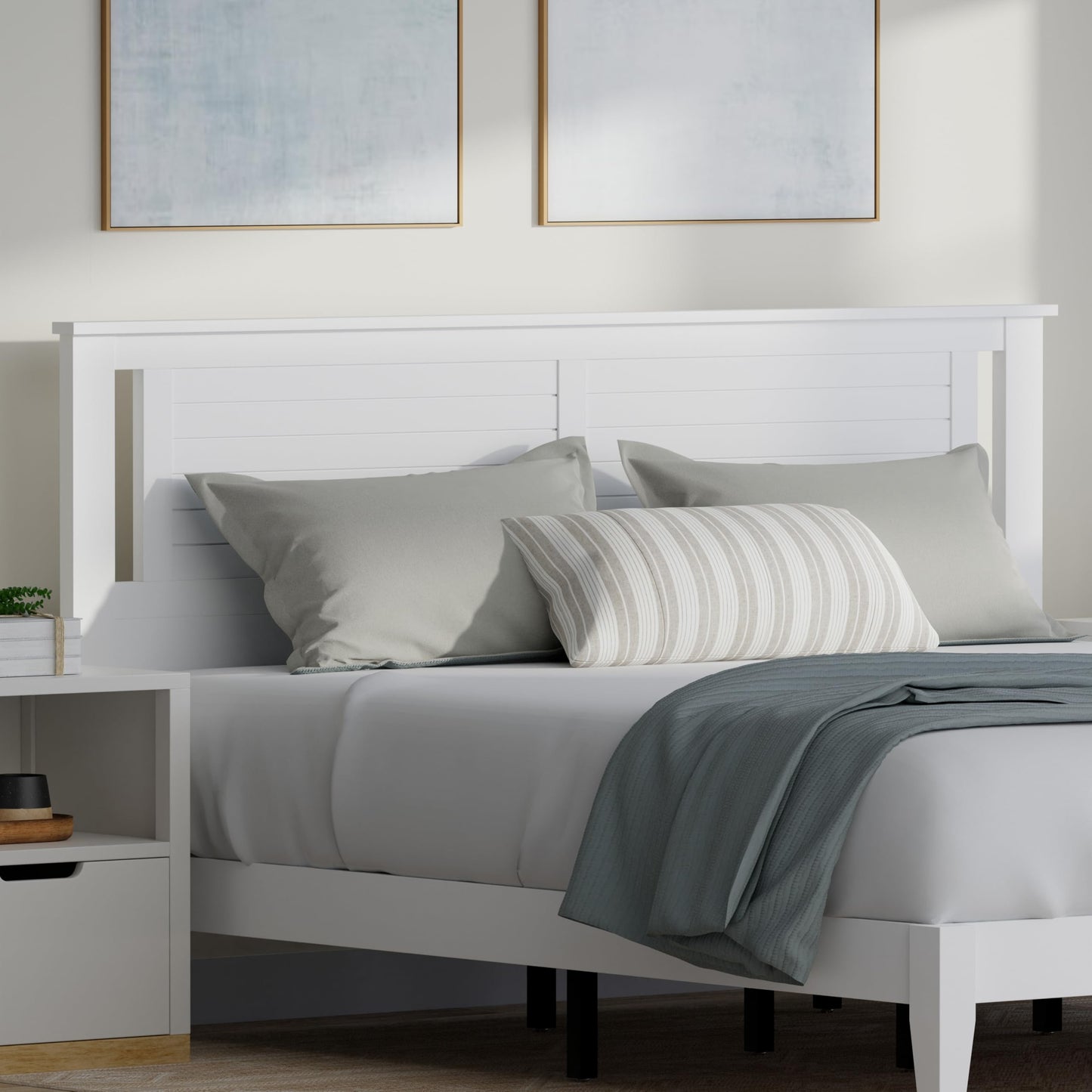 ComfIQ Serene Solid Wood Modern Farmhouse Platform Bed with Horizontal Scoring Headboard
