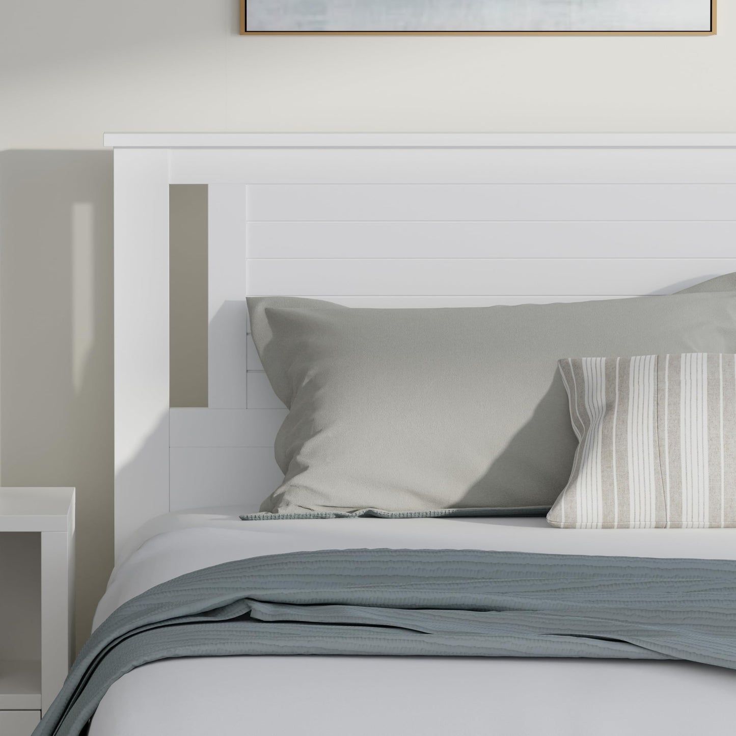 ComfIQ Serene Solid Wood Modern Farmhouse Platform Bed with Horizontal Scoring Headboard