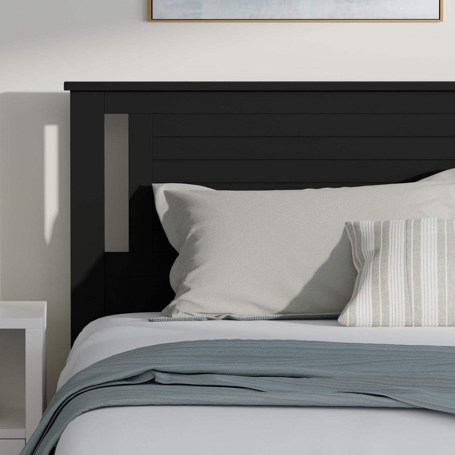 ComfIQ Serene Solid Wood Modern Farmhouse Platform Bed with Horizontal Scoring Headboard