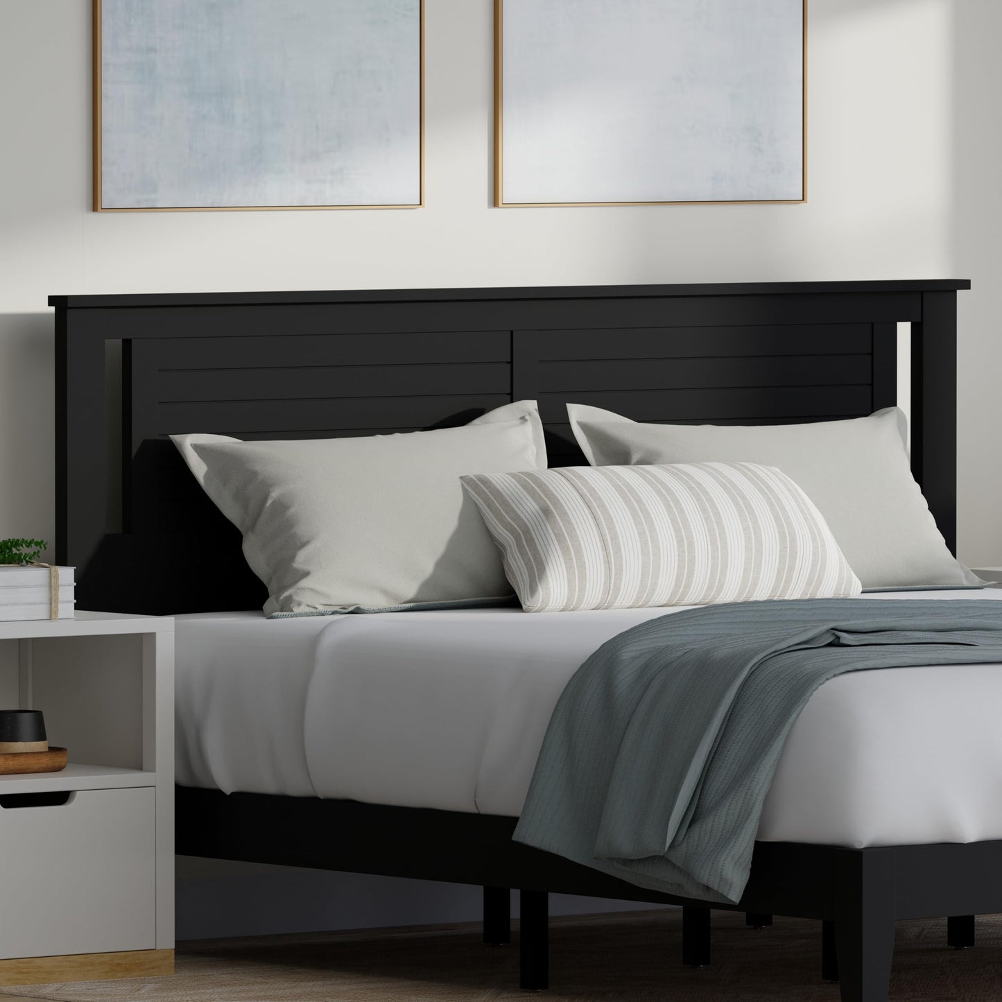 ComfIQ Serene Solid Wood Modern Farmhouse Platform Bed with Horizontal Scoring Headboard