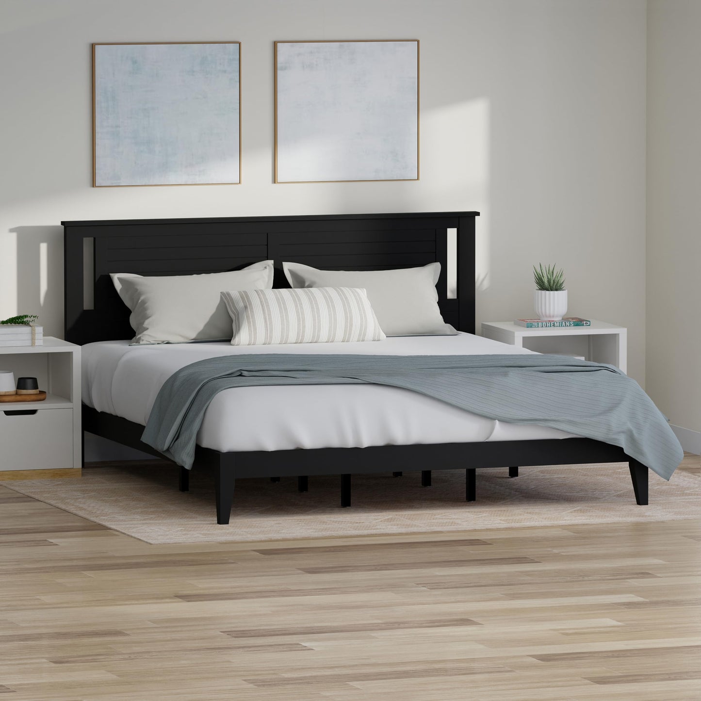 ComfIQ Serene Solid Wood Modern Farmhouse Platform Bed with Horizontal Scoring Headboard