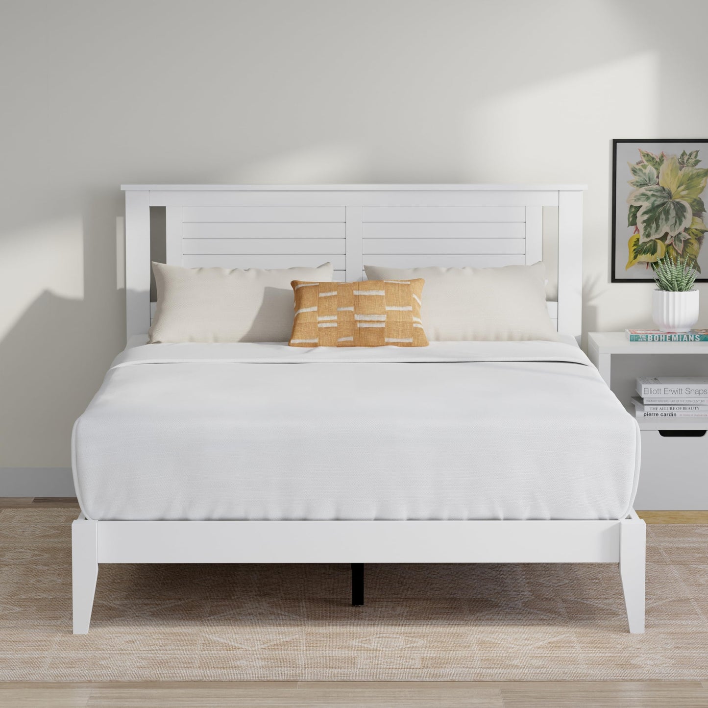 ComfIQ Serene Solid Wood Modern Farmhouse Platform Bed with Horizontal Scoring Headboard