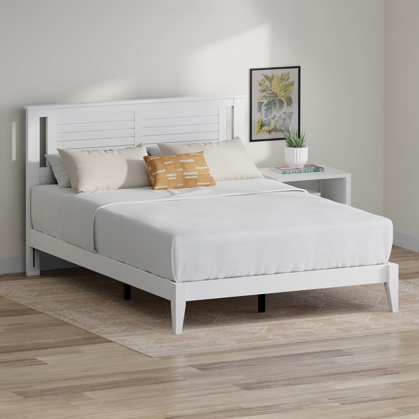 ComfIQ Serene Solid Wood Modern Farmhouse Platform Bed with Horizontal Scoring Headboard