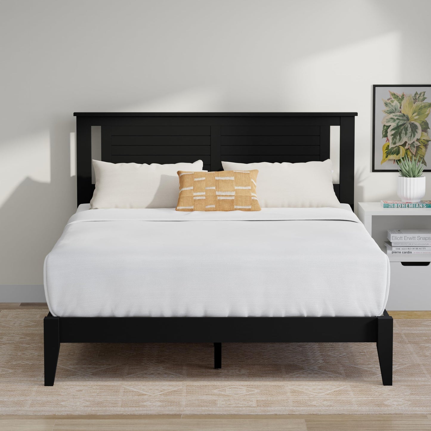 ComfIQ Serene Solid Wood Modern Farmhouse Platform Bed with Horizontal Scoring Headboard