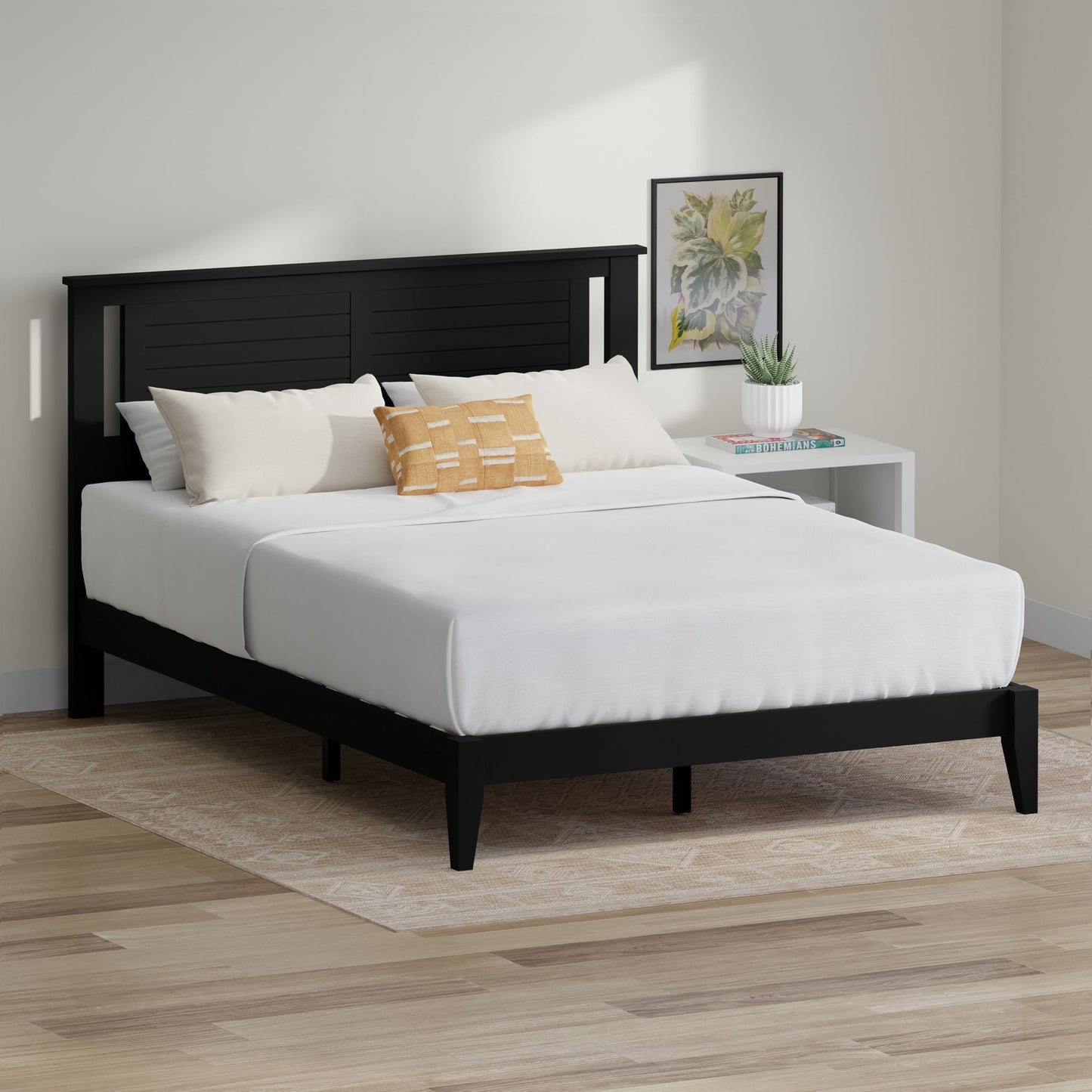 ComfIQ Serene Solid Wood Modern Farmhouse Platform Bed with Horizontal Scoring Headboard