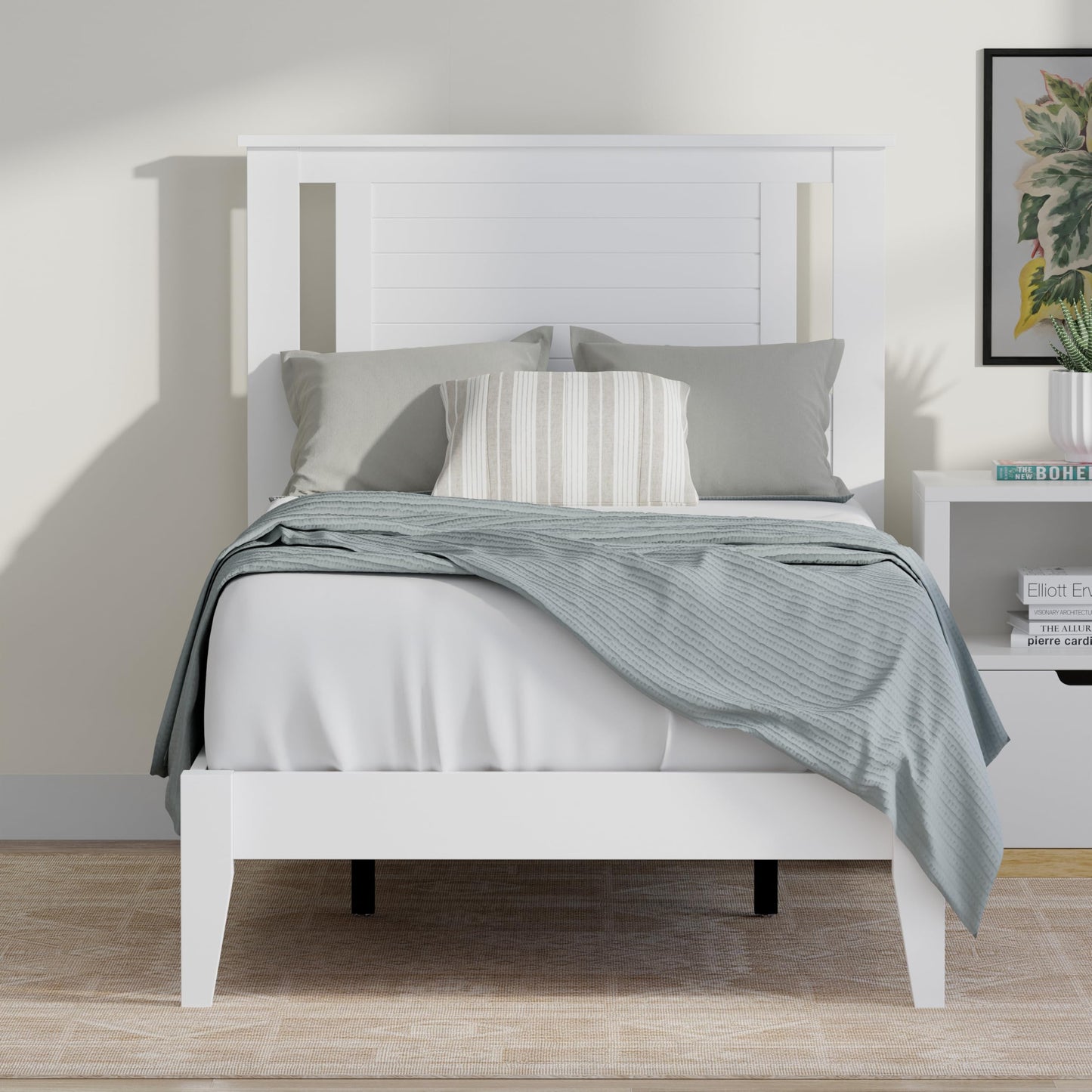 ComfIQ Serene Solid Wood Modern Farmhouse Platform Bed with Horizontal Scoring Headboard