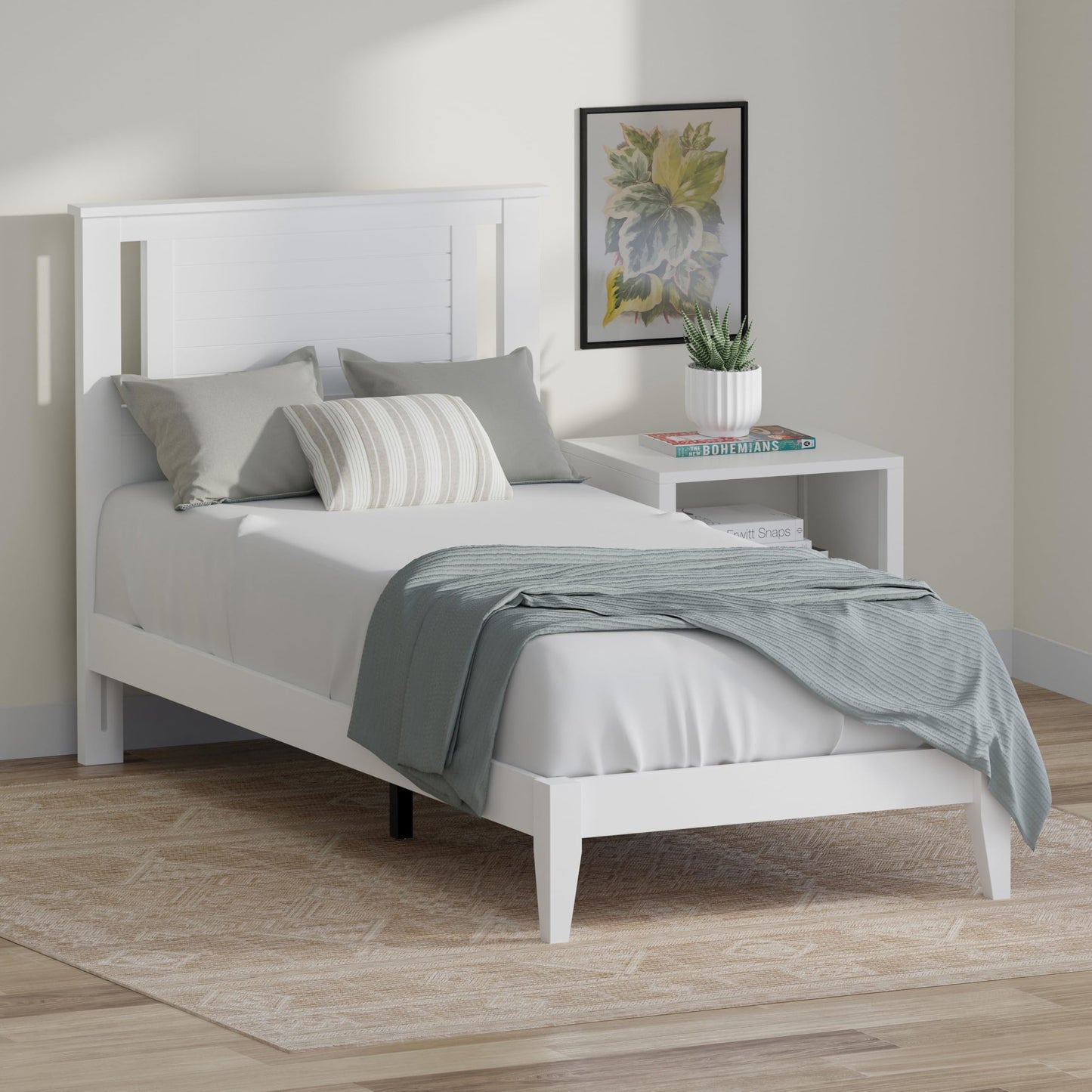 ComfIQ Serene Solid Wood Modern Farmhouse Platform Bed with Horizontal Scoring Headboard