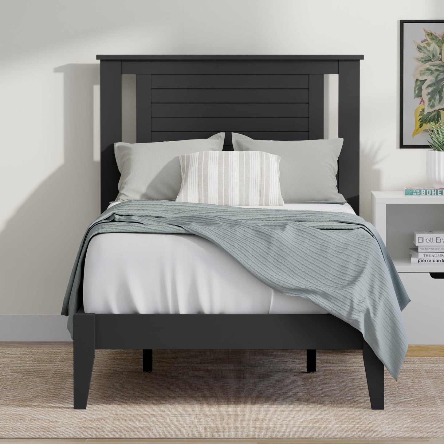 ComfIQ Serene Solid Wood Modern Farmhouse Platform Bed with Horizontal Scoring Headboard