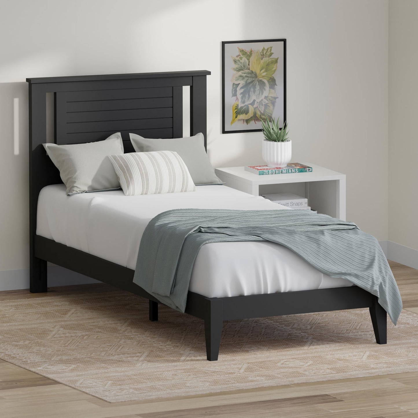 ComfIQ Serene Solid Wood Modern Farmhouse Platform Bed with Horizontal Scoring Headboard