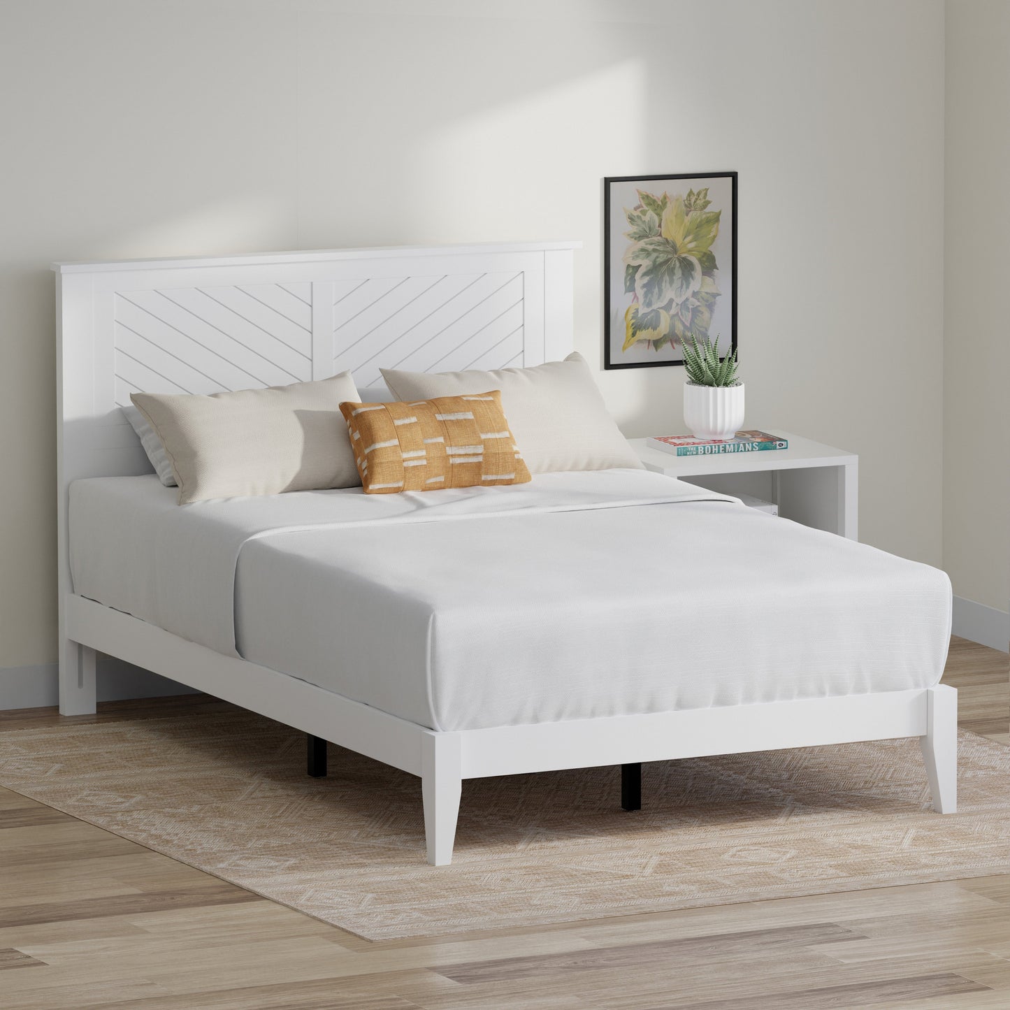 ComfIQ Serene Solid Wood Modern Farmhouse Platform Bed with Chevron Scoring Headboard