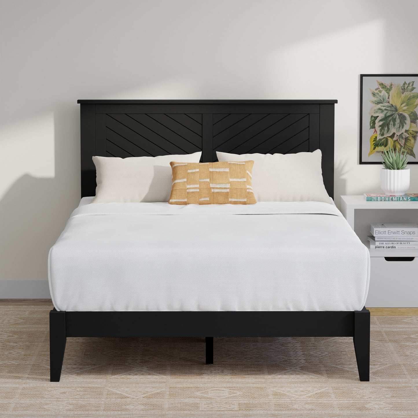 ComfIQ Serene Solid Wood Modern Farmhouse Platform Bed with Chevron Scoring Headboard