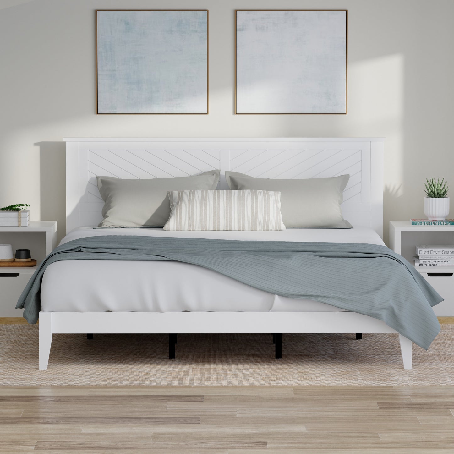 ComfIQ Serene Solid Wood Modern Farmhouse Platform Bed with Chevron Scoring Headboard