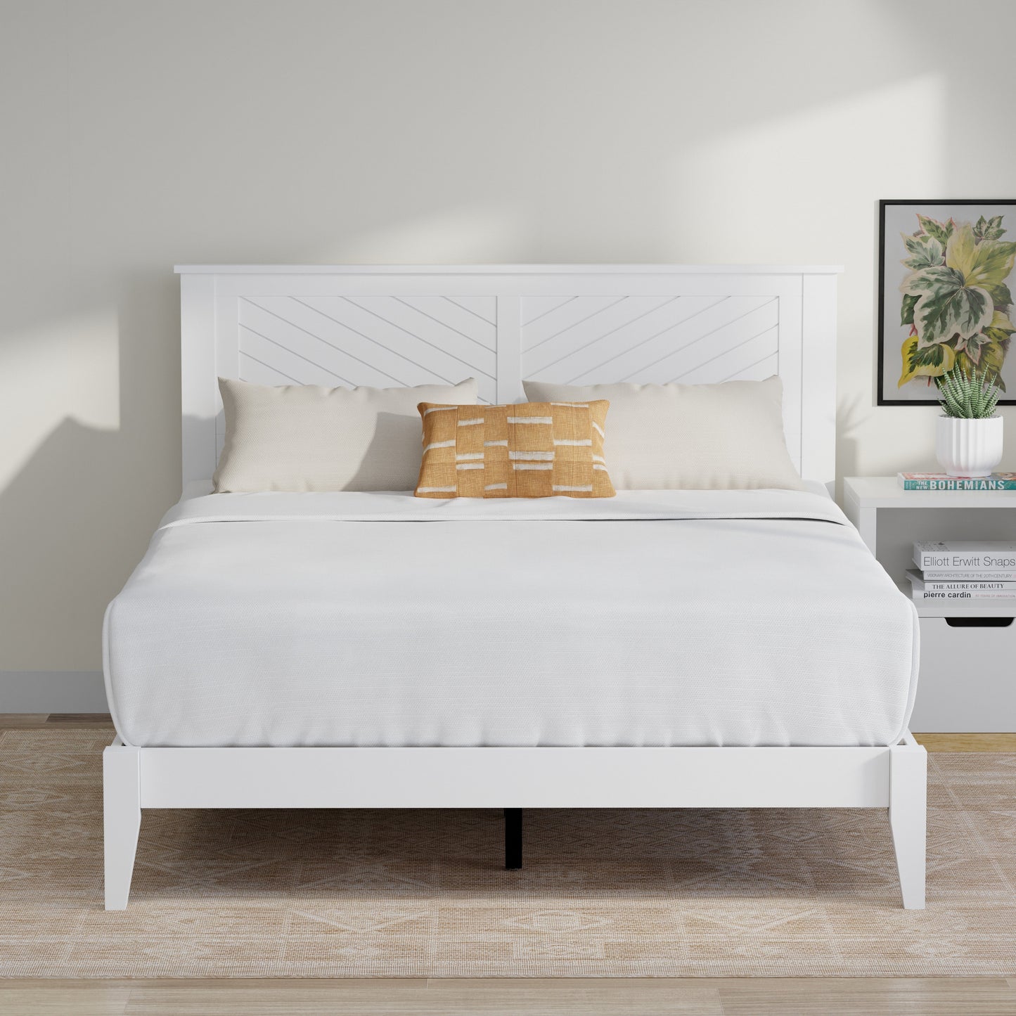 ComfIQ Serene Solid Wood Modern Farmhouse Platform Bed with Chevron Scoring Headboard