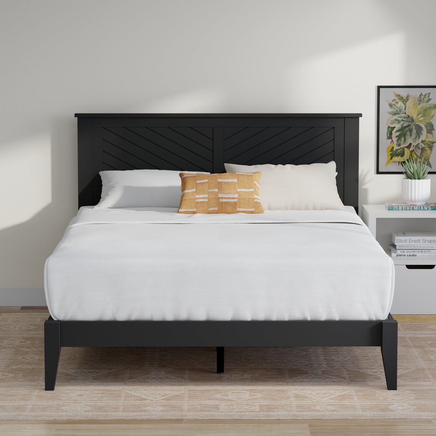 ComfIQ Serene Solid Wood Modern Farmhouse Platform Bed with Chevron Scoring Headboard