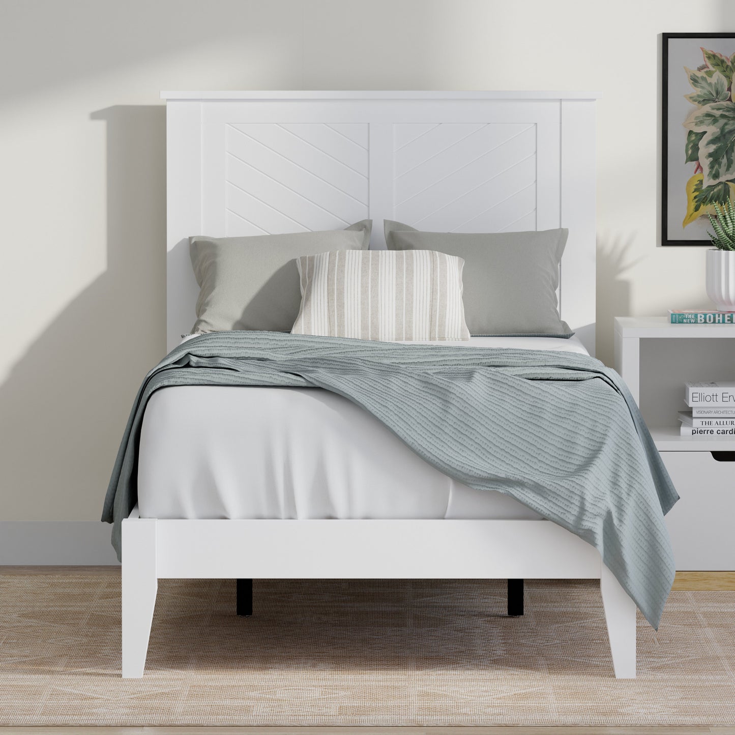 ComfIQ Serene Solid Wood Modern Farmhouse Platform Bed with Chevron Scoring Headboard