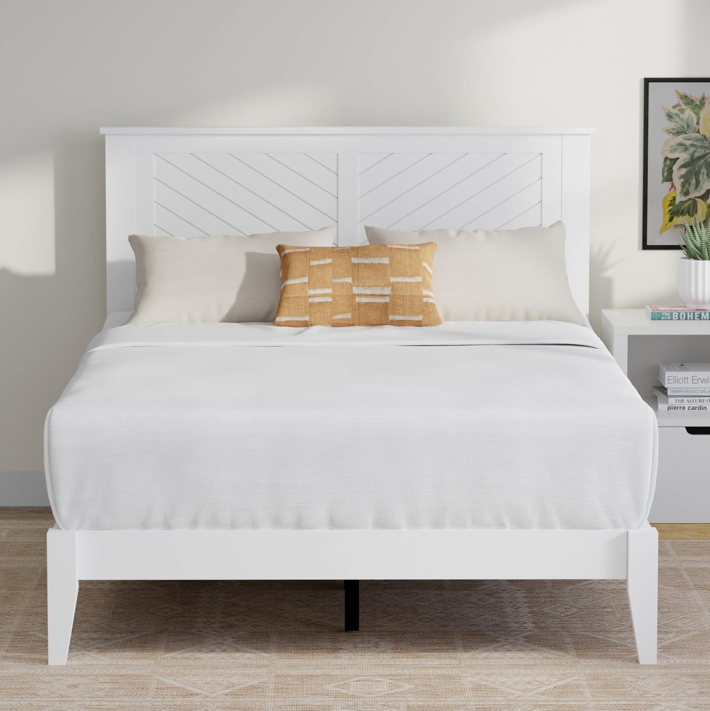 ComfIQ Serene Solid Wood Modern Farmhouse Platform Bed with Chevron Scoring Headboard