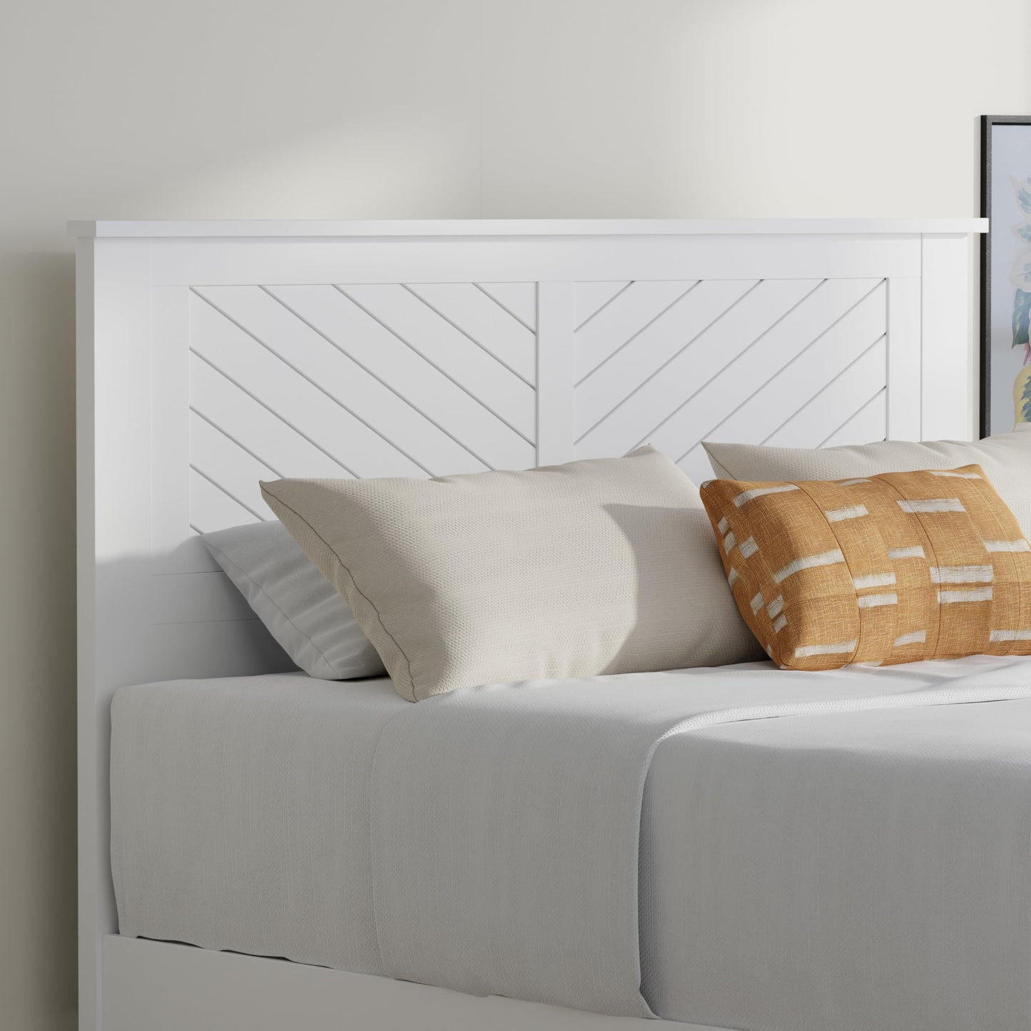 ComfIQ Serene Solid Wood Modern Farmhouse Platform Bed with Chevron Scoring Headboard