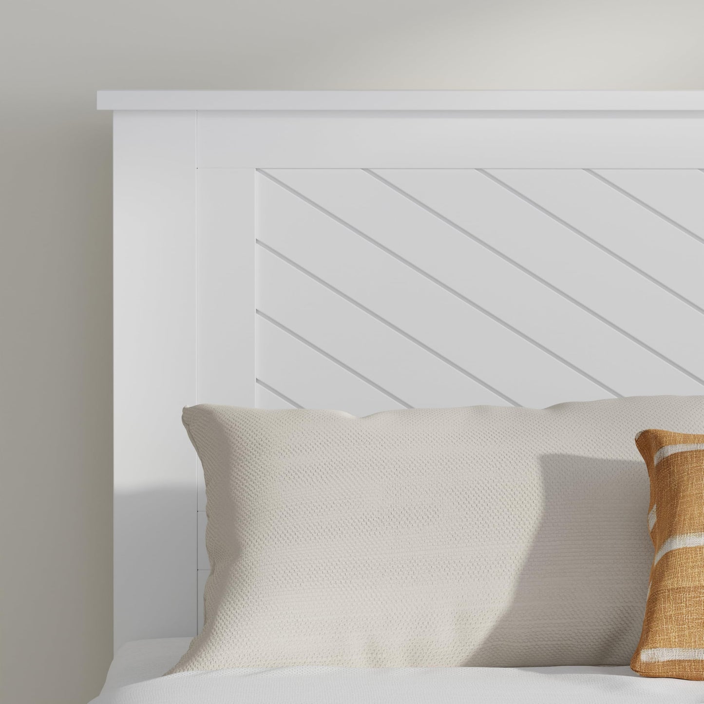 ComfIQ Serene Solid Wood Modern Farmhouse Platform Bed with Chevron Scoring Headboard