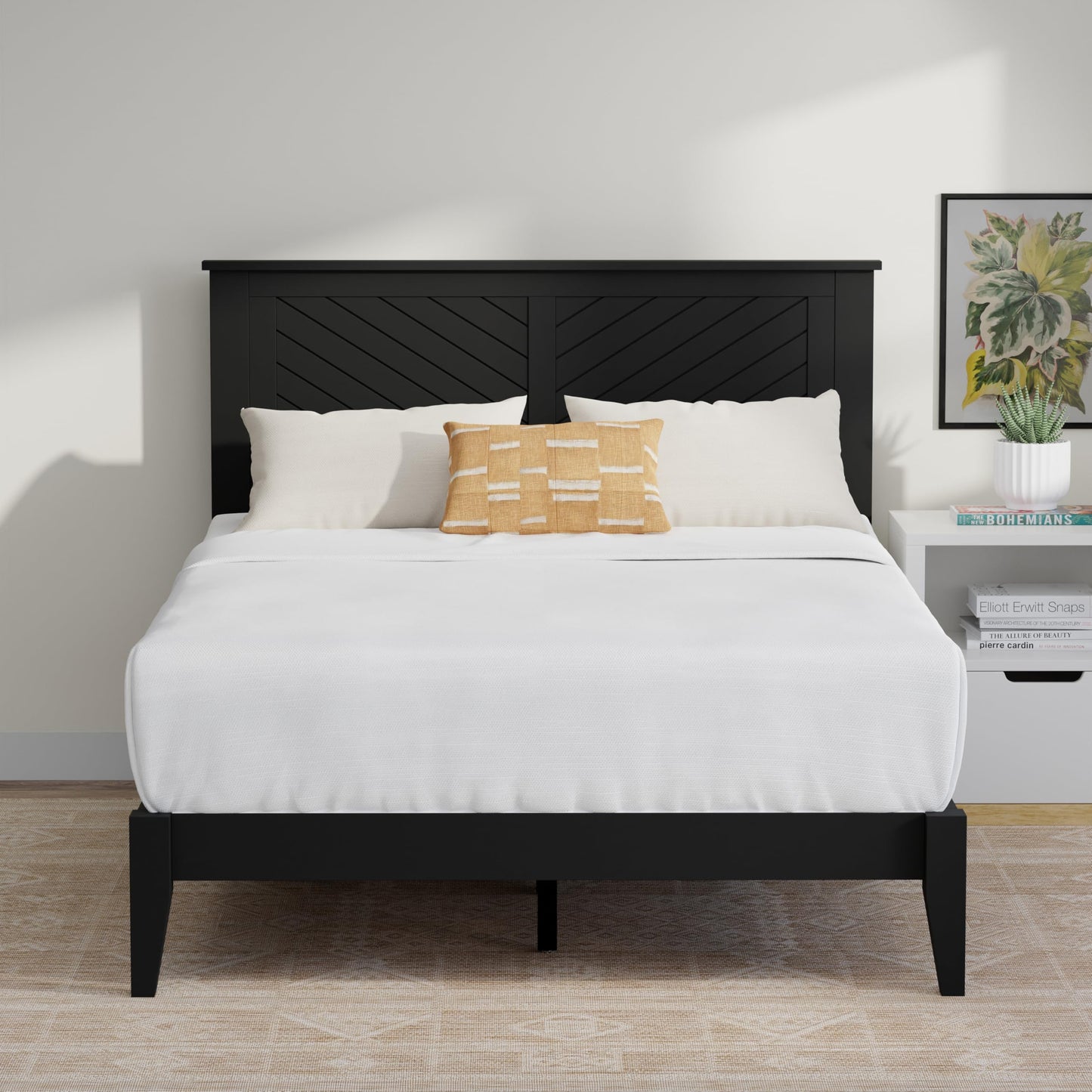 ComfIQ Serene Solid Wood Modern Farmhouse Platform Bed with Chevron Scoring Headboard