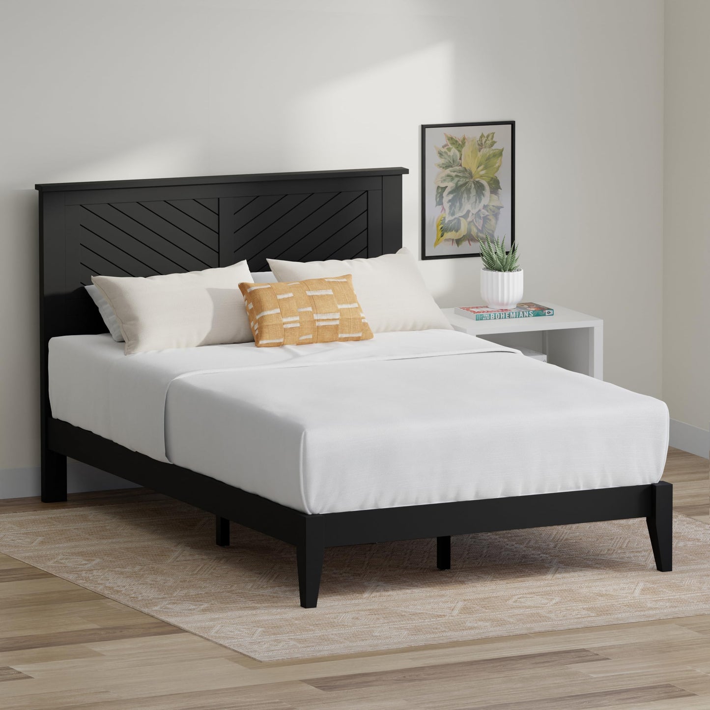 ComfIQ Serene Solid Wood Modern Farmhouse Platform Bed with Chevron Scoring Headboard