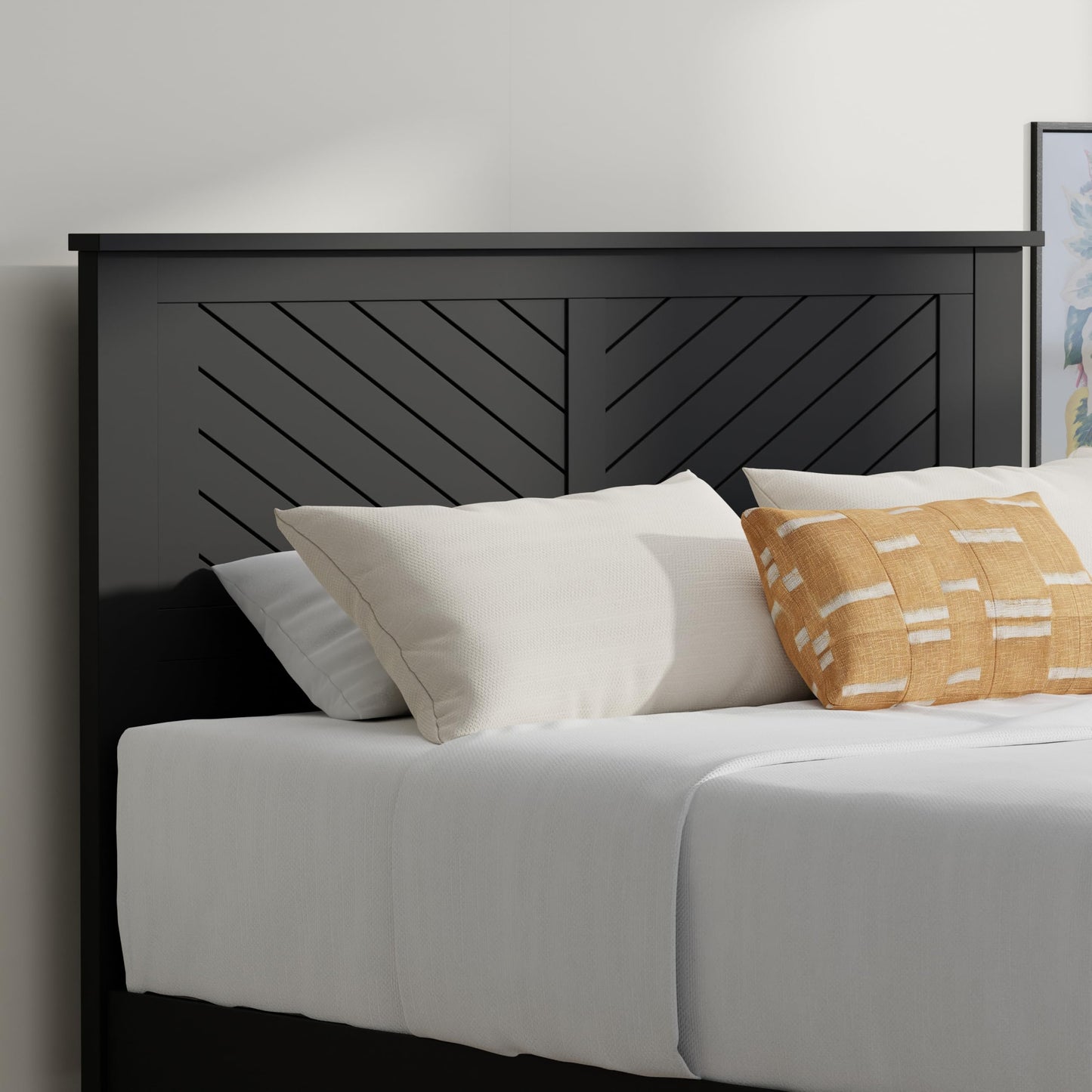 ComfIQ Serene Solid Wood Modern Farmhouse Platform Bed with Chevron Scoring Headboard